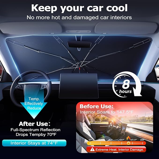 [Upgraded] DooGooCoo Windshield Sun Shade Umbrella - Medium, Car Sunshade for Front Windshield [UV Block & Heat Shield], Keep Car Cooler & Protect Interior Sun Shade for car Windshield (57"x32")