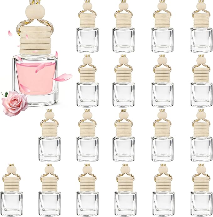 20 Pcs Car Diffuser Bottle Set with Wooden Caps,Dropper and Funnel, Empty Glass Car Air Freshener Bottle Bulk Hanging Essential Oil Fragrance Pendants for Car Decor，Can DIY Car Air Freshners Diffuser