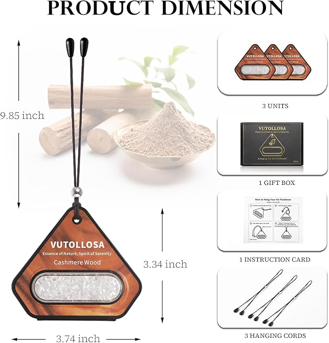 3 Pack Car Air Freshener & Car Deodorizer, Cashmere Wood Scented - Long Lasting Hanging Car Air Fresheners for Women & Men, Car Accessories by VUTOLLOSA