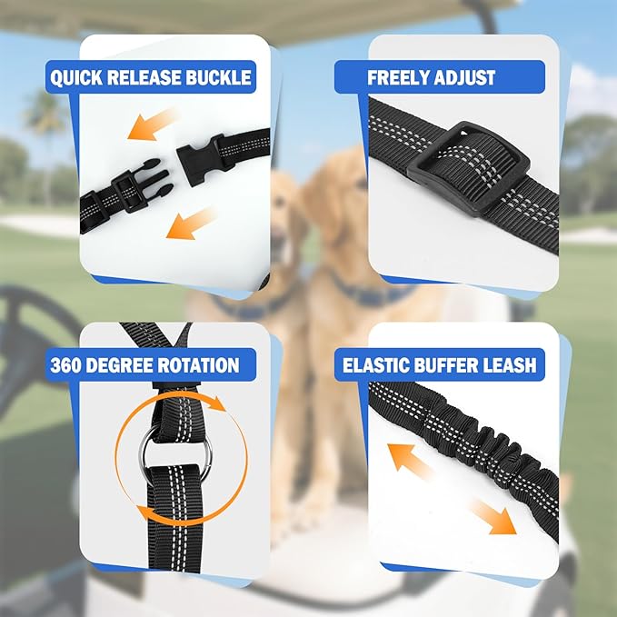 Dog Seat Belt Tether for Golf Cart, Adjustable Golf Dog Collar Leash for Car, Pet Dog Seat Belt Harness for Golf Cart Pet Safety Protection to Prevent Accidental Injury (Black)