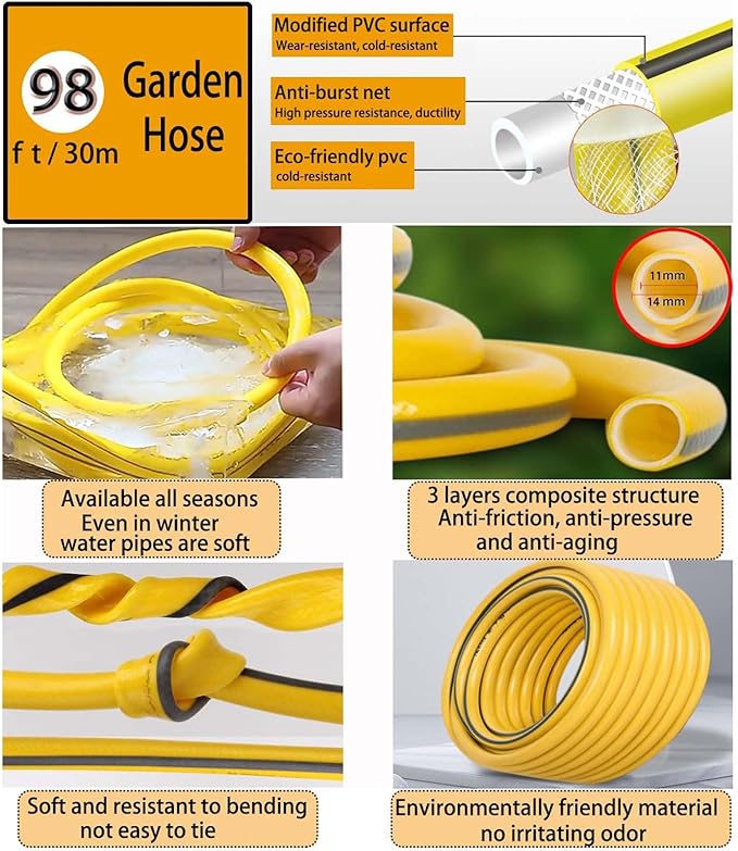 98ft Household Car Wash Water Gun, Garden Hose, Car Wash Hose Kit with Extended Reach Pole Gun, 3 Quick-Connect Fittings & Foam Sprayer Bottles for Outdoor Cleaning, Lawn Care, and Vehicle Washing