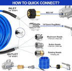 West Bay Sewer Jetter Kit 100 FT for Pressure Washer, 5800 PSI Drain Cleaner Hose 1/4 Inch NPT Corner Rotating and Button Nose Sewer Jetting Nozzle Spanner WatertightTape Pearl Corsage Pin(Blue)