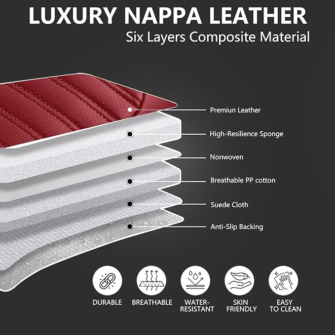 Car Seat Covers for Genesis GV70 2022-2025 2026, Full Set Nappa Leather Waterproof Breathable Anti-Slip Airbag Compatible Car Seats Protector, Car Interior Seats Cover (Black+Red,+Pillow)