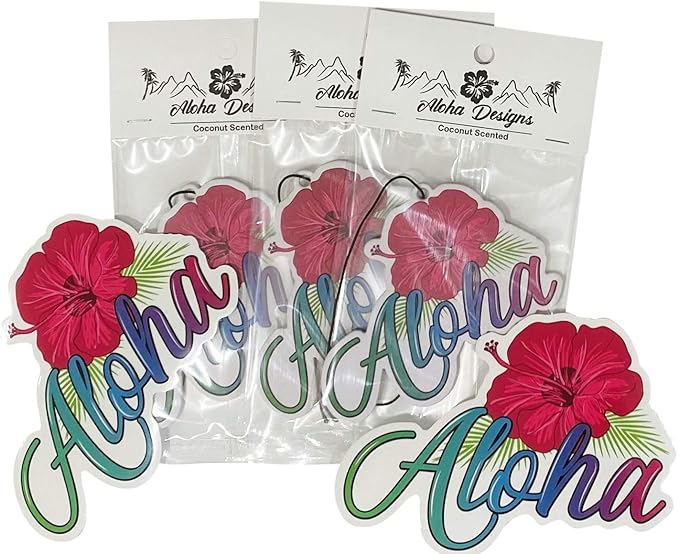 Aloha Designs 3 Pack Aloha Hawaii Hibiscus Long Lasting Coconut Air Freshener and 2 Aloha Stickers | Decorative Hawaiian Tropical Scented Hanging Air Freshener With Island Vibe For Car, Closest, Home,