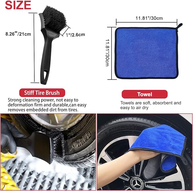 9Pcs Grey Wheel Tire Brush Set - Cleaning Brushes for Wheels, Tires, Rims & Spokes