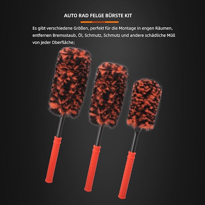 SPTA Rim Cleaner Brush, 3 Pcs Synthetic Ultimate Wheel Brush Set, Flat Spoke Wheel Cleaning Brush, Car Wheel Brush, Brush for Cleaning Wheels, Safe for Cars, Trucks, SUVs, RVs, Motorcycles & More