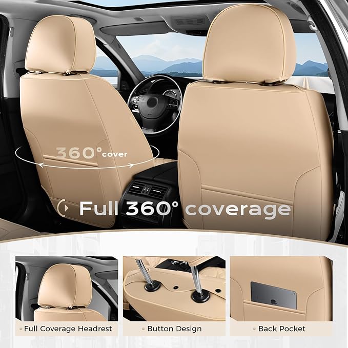 Coverado Full Set Leather Car Seat Covers, Waterproof Faux Leather Seat Covers, Beige Car Seat Protectors, 5 Seats, Universal Fit for Most Cars & SUVs-Beige