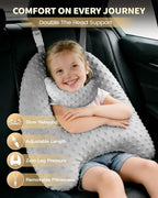 Memory Foam Kids Travel Pillow, Car Pillow for Kids, H-Shape Car Pillows for Sleeping, Removable Pillowcase, Adjustable, Velvet Dots, Grey