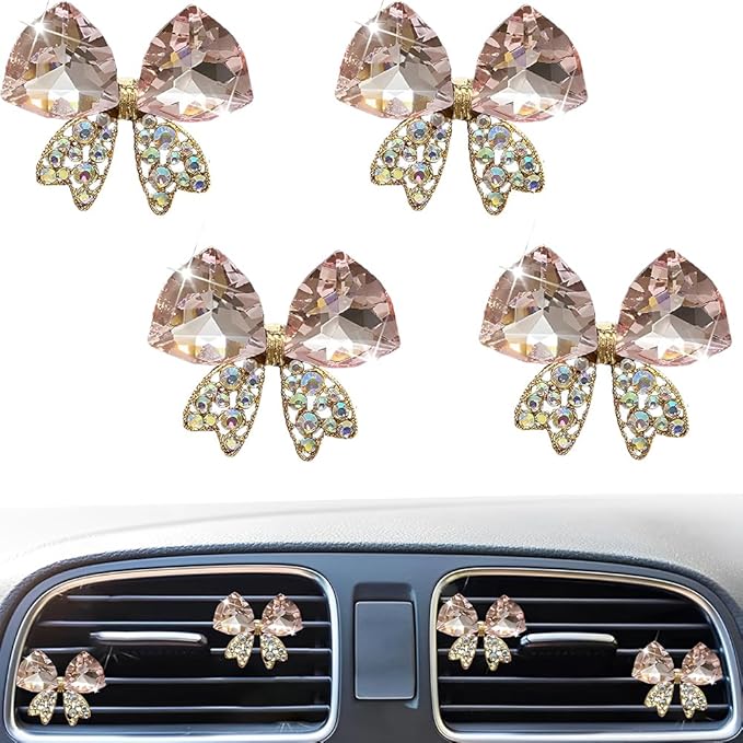 4 Pcs Bling Diamond Crystal Bow Vent Clips Car Interior Air Fresheners Automotive Rhinestone Decoration Adapt for Women and Girl (Pink)