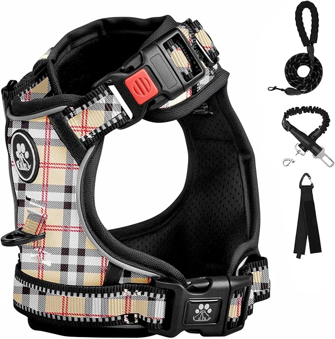 FURRYFECTION Plaid Dog Harness for Medium Dogs, Reflective No Pull Adjustable Pet Vest with Front Clip, Leash, Easy Control Handle and Seat Belt, Beige&White, M