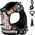 FURRYFECTION Plaid Dog Harness for Large Dogs, Reflective No Pull Adjustable Pet Vest with Front Clip, Leash, Easy Control Handle and Seat Belt, Beige&White, XL