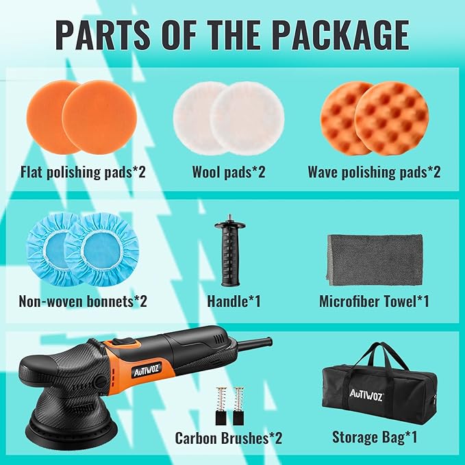 Car Buffer Polisher, 5 Inch Dual Action Polisher for Car Detailing, 9mm Random Orbital Car Polisher Buffer Kit, 6 Speeds 2000-6200RPM, 4 Buffing Pads for Car detailing, Polishing, Waxing, W01