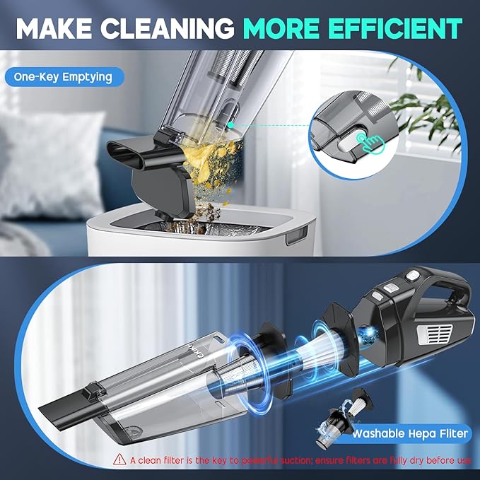 Handheld Vacuum Cordless, 15000PA Strong Suction Hand Held Car Vacuum Cleaner Portable with Multi-Nozzles & Washable Filter, Lightweight Dust Busters Rechargeable for Home, Car, Office, Pets