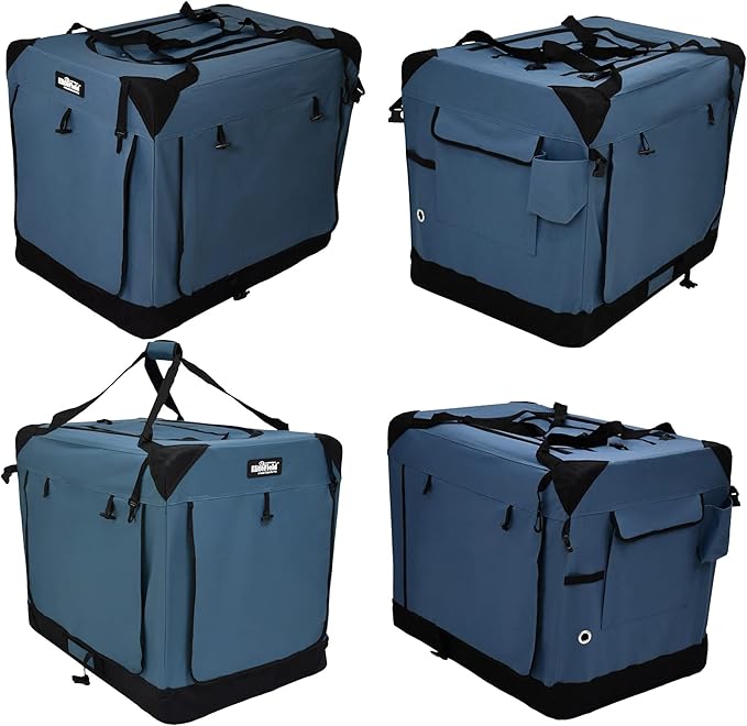 EliteField 4-Door Folding Soft Dog Crate with Curtains, Carrying Bag and Fleece Bed (2 Year Warranty), Indoor & Outdoor Pet Home (20" L x 14" W x 14" H, Blue Gray+4 Door Curtains)
