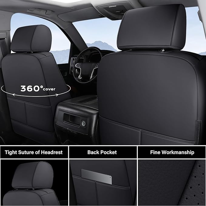 Coverado Chevy Silverado Seat Covers, Faux Leather Seat Covers Fit for Chevy Silverado GMC Sierra 2007-2025 1500, 2015-2025 2500HD 3500HD Crew Double Extended Cab (Front, Black)