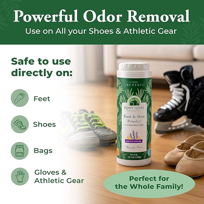 FOOT SENSE All Natural Foot & Shoe Powder, Foot Odor Eliminator for Long-Lasting Odor Control Lasts up to 6 Months, Disinfects & Deodorizes, Safe for Men, Women, Kids, Athletes, 100g