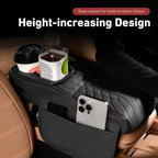 Car Center Console Booster Cover, Multifunctional Car Interior Arm Rest Box Storage Cushion with Cup Holder, Tissue Box, Side Pockets, Leather Memory Foam Armrest Pillow Protection (Black)