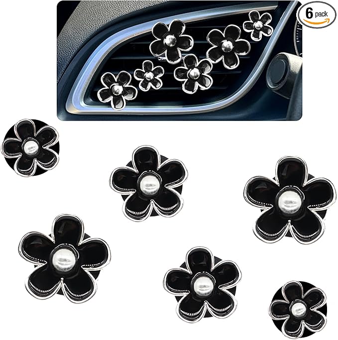 6pcs Flower Car Air Freshener Vent Clips,Girly Daisy Car Accessorie for Women,3 Sizes Sparkle Black Silver Flowers Vent Clips Decor,Refillable Diffuser