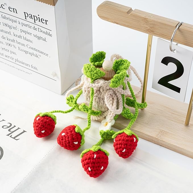Crochet Plant Car Air Freshener, Cute Car Rearview Mirror Decor Hanging Ornament, Strawberry Knitted Handmade Auto Interior Accessories for Women (Strawberry)