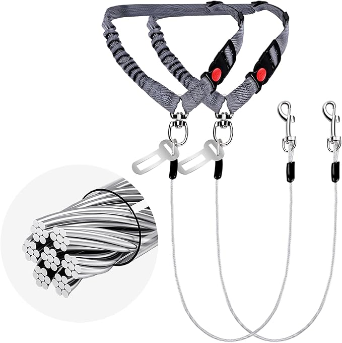 2 Pack Chew Proof Dog Seat Belt with Steel Cable, 2 in 1 Car Harness for Medium & Large Dogs Chewer Heavy Duty Dog Seatbelts