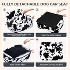 BurgeonNest Dog Car Seat for Small Dogs, Detachable and Washable Cat Carseats Under 25 lbs, Soft Pet Booster Seats with Storage Pockets and Clip-On Leash Portable Car Travel Carrier Bed, Milk Cow