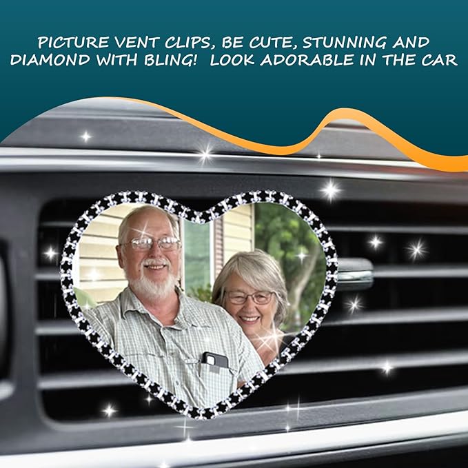 Custom Pictures Car Air Freshener Vent Clips, Personalized Black Rhinestone Photo Frame Air Fresheners Outlet Clips, Car Decoration In Memory of Someone (B-Heart Rhinestone-Bordered)