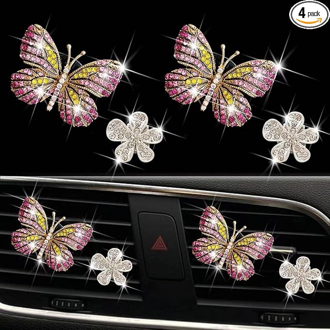 Bling Butterfly Air Vent Clips, 4 Pcs Crystal Daisy Car Air Fresheners, Rhinestone Diamond Flower Car Decoration