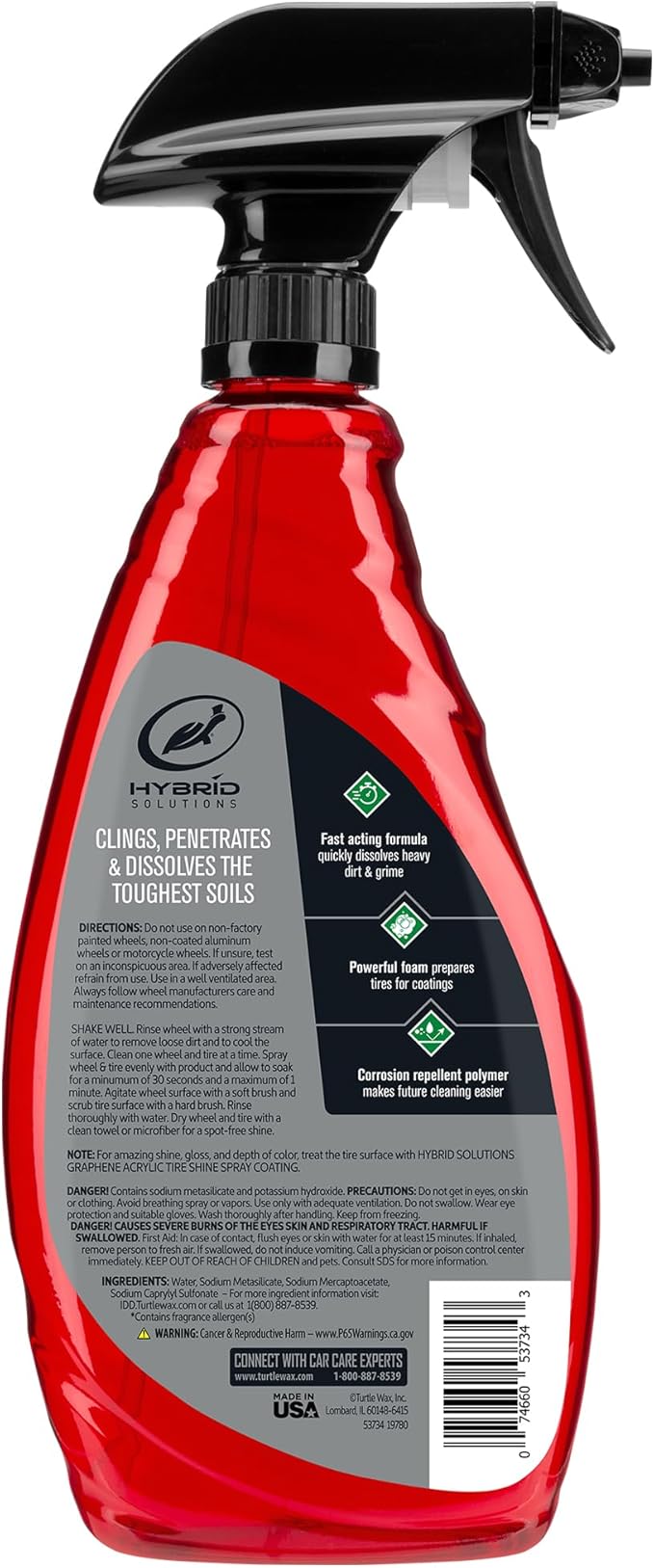 Turtle Wax 53734 Hybrid Solutions Hyper Foam Wheel and Tire Cleaner, Spray on Heavy Duty Formula for Both Wheels and Tires, Brake Dust Remover, Clean and Prep for Tire Shine, 23 oz. (Pack of 1)