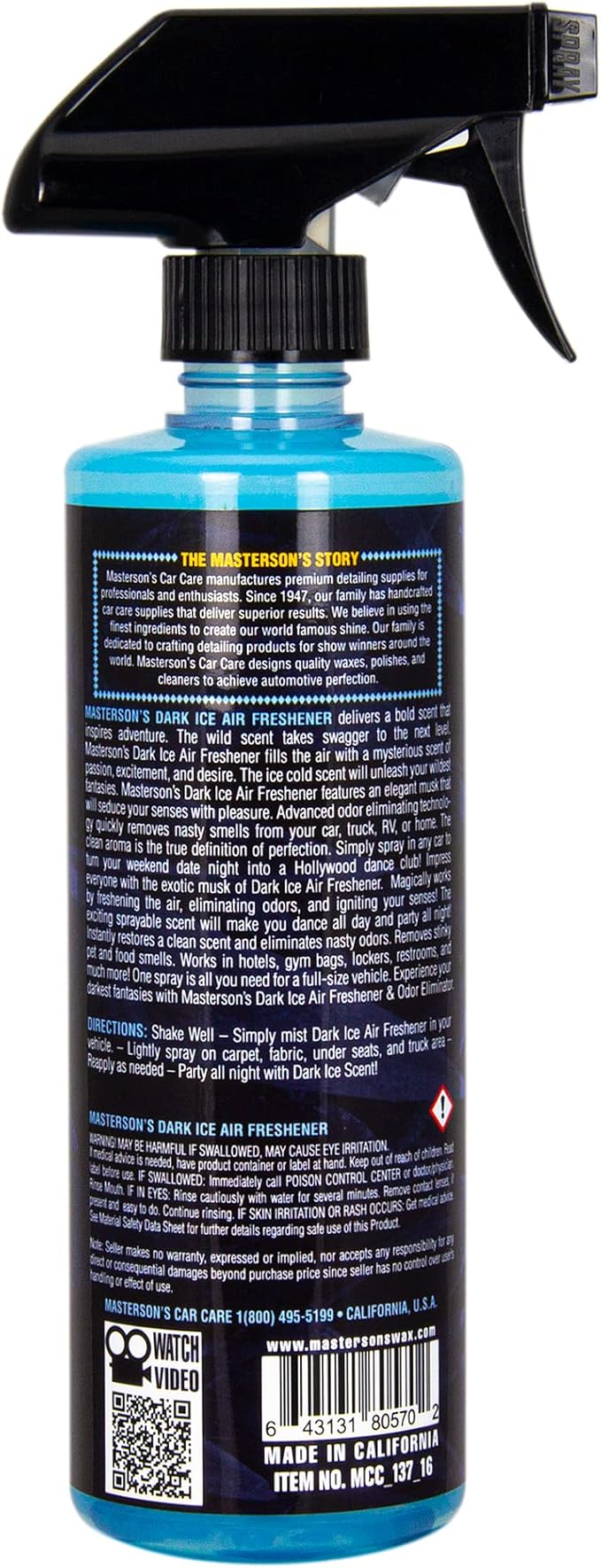 MASTERSON'S CAR CARE MCC_137_16 Dark Ice Air Freshener & Odor Eliminator - Premium Sprayable Scent for Cars, Trucks, RVs, Restroom Hotels, Home, and Office - Clean Scent Removes Pet, Smoke, Food Odors (16 oz)