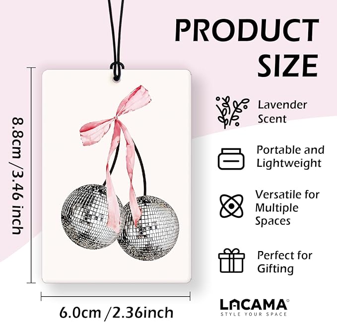 Lacama Pink Preppy Bow Car Air Freshener 3Pcs, Funky Pink Bow Disco Ball New York News Cars Scents Air Freshener for Women Girls Gifts, Coquette Girly Car Accessories Interior Mirror Decor Hanging