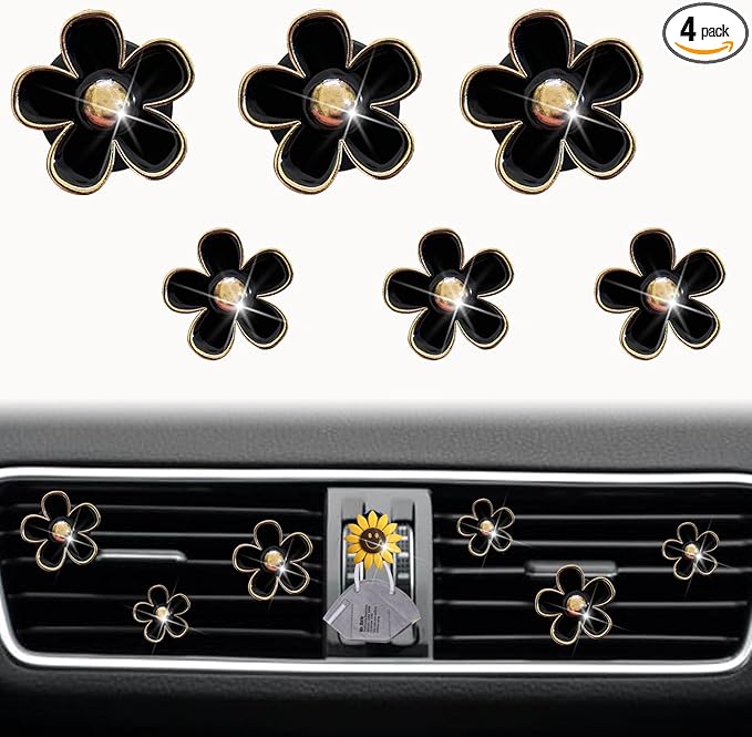 Daisy Air Vent Clips: 6 Pcs Cute Flower AC Outlet Clip Car Air Fresheners with Mask Hook (Black)