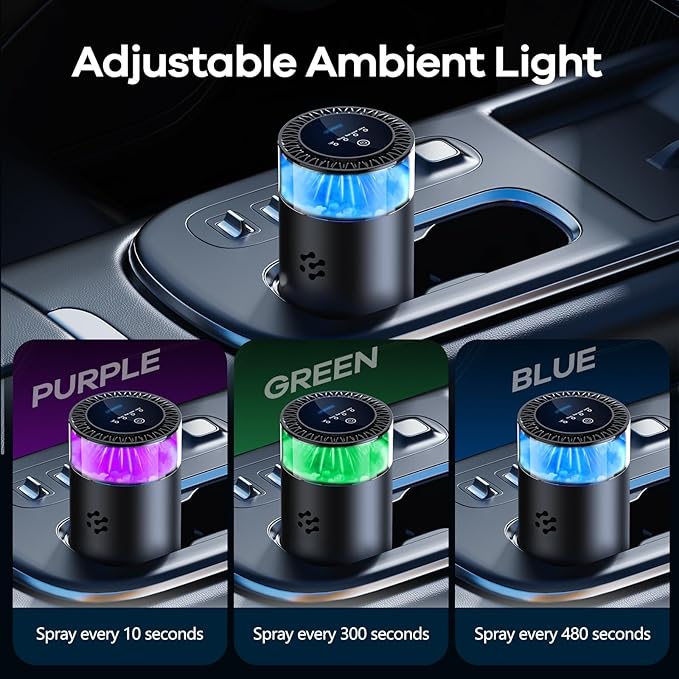 Smart Car Air Freshener, Automatic Car Air Freshener Diffuser with Ambient Light, Car Diffuser with 2 Essential Oil Box, Aromatizante Para Carro, Car Fresheners Long Lasting (2 Essential Oil Box)