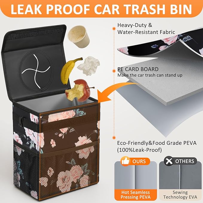 Car Trash Can for Car Cute,Bag Bin Hanging Waterproof Automotive Garbage Cans Leak Proof Vehicle Trash Can Black Floral