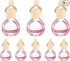 uxcell 8pcs Hanging Car Air Freshener Perfume Bottle, 10ml Pendant Empty Clear/Pink Glass Essential Oil Aromatherapy Diffuser with Wooden Cap for Car Decor (Clear/Pink, Round)