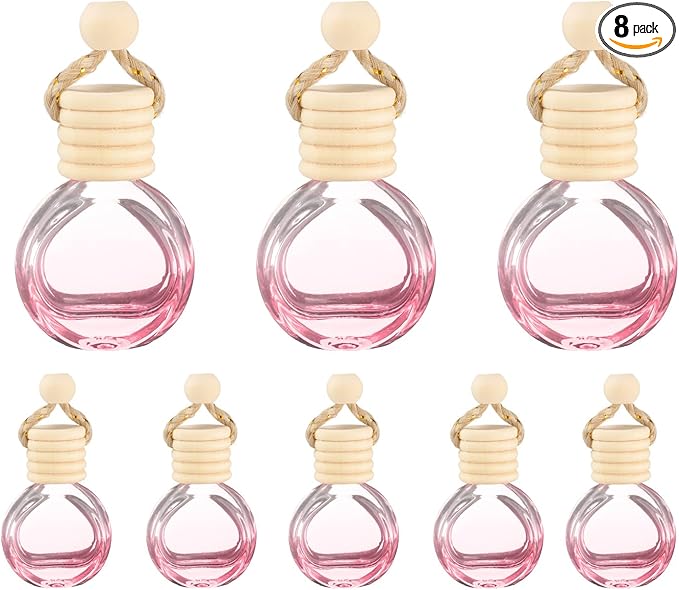uxcell 8pcs Hanging Car Air Freshener Perfume Bottle, 10ml Pendant Empty Clear/Pink Glass Essential Oil Aromatherapy Diffuser with Wooden Cap for Car Decor (Clear/Pink, Round)