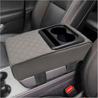 Car Center Console Armrest Pillow, Leather Auto Arm Rest Cover Protector with Cup Holder and Phone Holder, Memory Foam Armrest Cushion for Most Vehicles (Gray, Diamond Pattern)