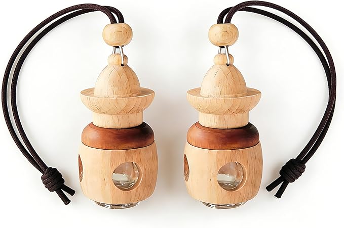 2 Pack Hanging Car Air Freshener Diffuser, Refillable Glass Bottle with Wooden Cap, Long Lasting Drift Car Air Freshener for Women Men - Car Fresheners, Car Accessories-A2
