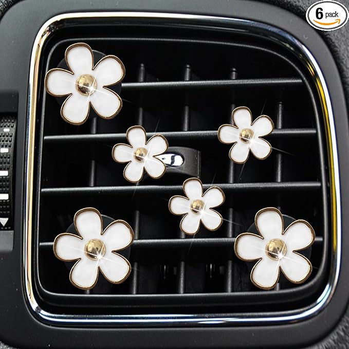 Daisy Air Vent Clips, 6 Pcs Cute Flower Car Air Conditioning Outlet Clip Car Air Freshener Clip Charm Car Interior Decor Charm Colorful Car Interior Accessories for Girls Women (White)