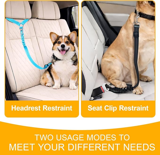 2-Pack Dog Car Seat Belt, 3-in-1 Headrest-Mounted Dog Seatbelt for Car, Adjustable Nylon Pet Safety Leash with Elastic Buffer & Reflective Stitching, Durable Car Harness for Dogs Fits Most Vehicles
