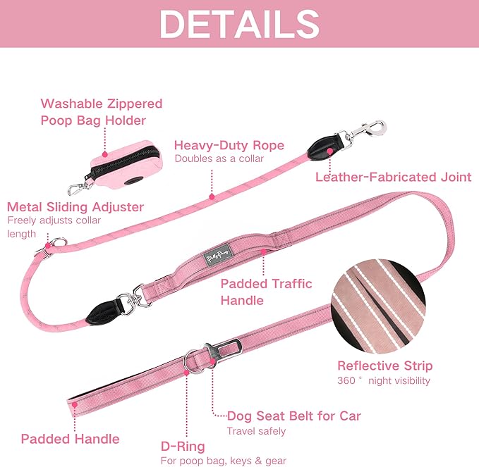 6FT Heavy Duty Dog Leash for Small Medium Large Dogs, Tangle Free Reflective Dog Training Leash with Double Handle, Seat Belt Buckle & Poop Bag Holder (Pink)