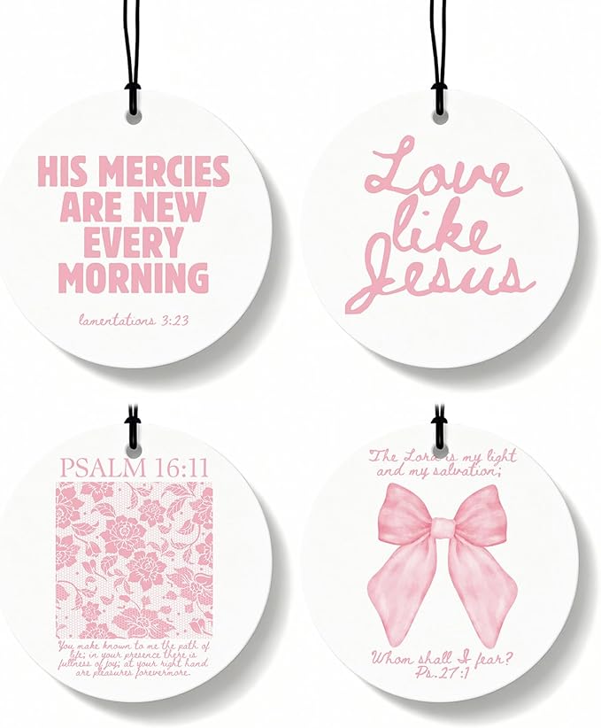 Pink Christian Car Air Freshener 4 Pcs, Inspirational Bible Verse Religious Hanging Air Freshener for Cars Closet Drawer Books, Christian Girly Car Accessories Mirror Decor for Women