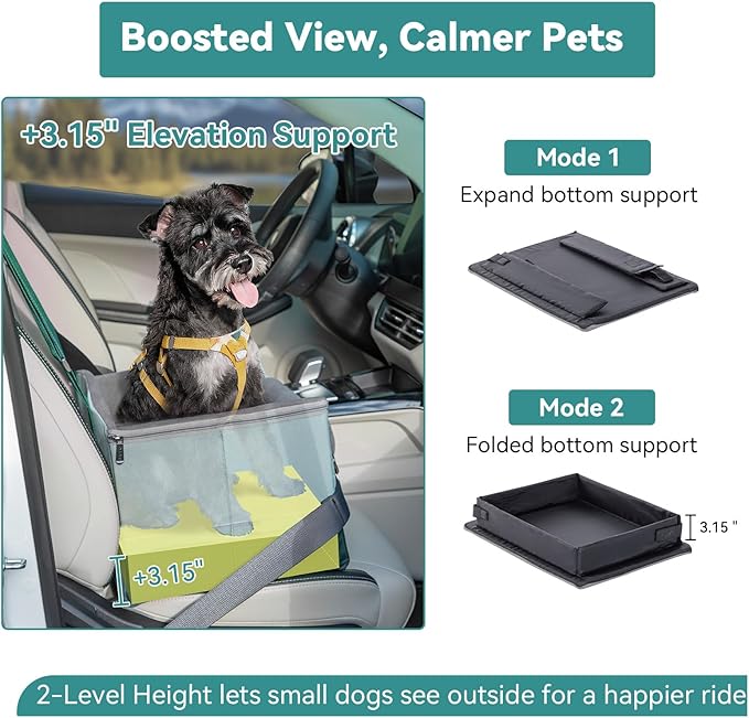 A 4 Pet Dog Car Seats for Small Dogs Under 25lbs – Safety Travel Booster Seat with Patent Buckles, Adjustable Leash – Reduces Anxiety & Road Trips – Frame Support for Cars, SUV, Pickup