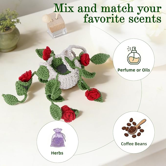 Crochet Car Air Freshener, 8ml Empty Refillable Oil Diffuser Bottle with Hanging Crochet Red Rose Plant & Hanging Tools, Car Rearview Mirror Diffuser for Wall Art & Home & Office Decoration