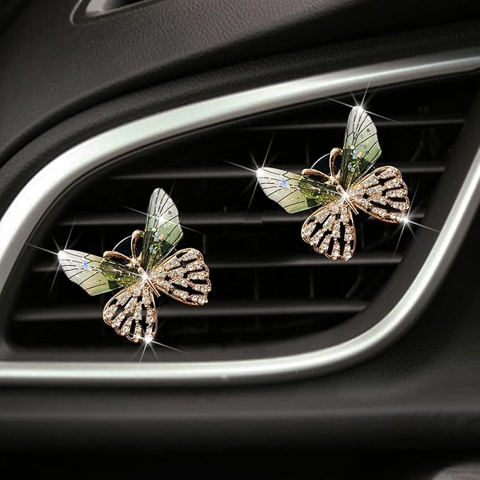 Bling Butterfly Car Vent Clips Rhinestone Decor - Cute Air Freshener & Aromatherapy Accessories for Women, Girls Dashboard Interior Decoration Set (green)