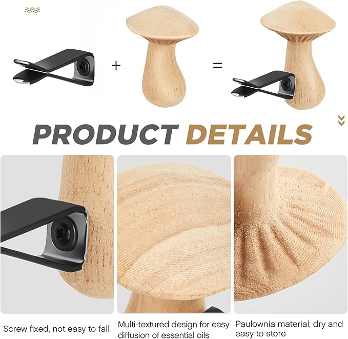 Dandat 4 Pcs Wood Car Essential Oil Diffuser Vent Clips Mushroom Car Air Freshener Aromatherapy Wooden Car Diffusers Automotive Interior Accessories Decoration for Women Men Gift