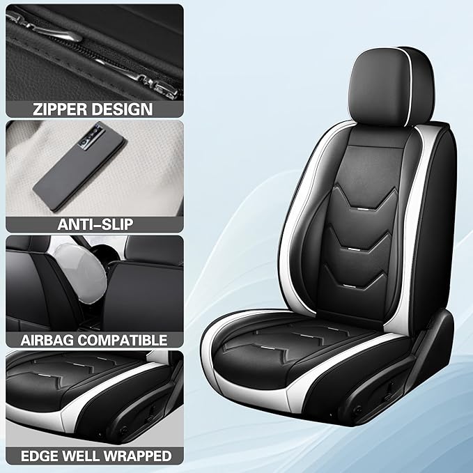 otoez Car Seat Covers Full Set, Universal Leather Seat Cover for Car, Waterproof 5 Seat Automotive Front and Back Seat Protector Full Coverage for Most Sedens Trucks SUVs, White & Black