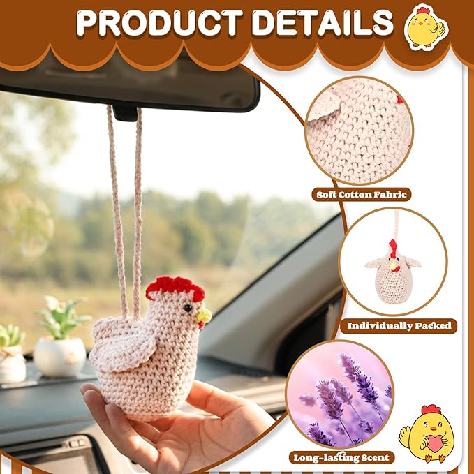 Soulchen 2 Pcs Chicken Lover Gifts Handmade Crochet Chicken Car Air Freshener Cute Crochet Car Accessories Rearview Mirror Hanging Accessories for Automotive Interior Office Home Decor, Lavender Scent