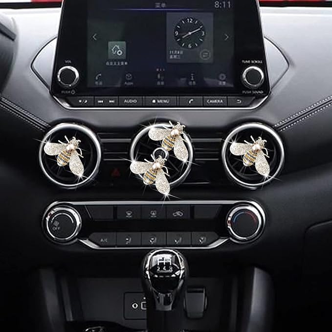 Shiny Bee Vent Clips, Crystal Bee Air Freshener Vent Clip Car Bling Interior Decoration Rhinestone Car Bling Accessories (Silver)