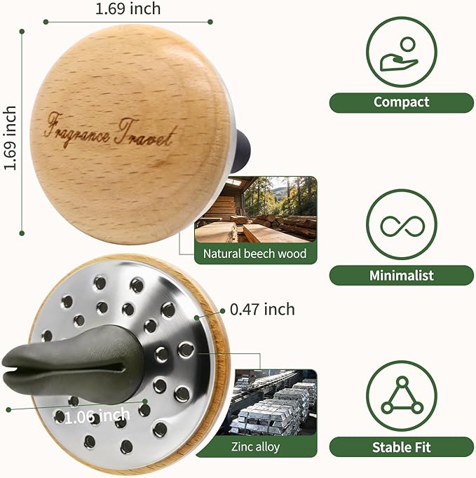 Wooden Car Air Freshener Vent Diffuser, Light Brown Beech Wood with Zinc Alloy Base, Refillable Essential Oil Compatible Car Vent Clip, Includes 4 Scented Pads, Long Lasting Natural Diffuser