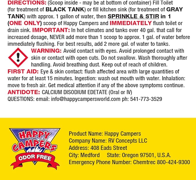Happy Campers RV Toilet Treatment - Powerful Odor Control, Long-Lasting RV Tank Treatment - Prevents Clogs, Buildup, Sensor Failure - Keeps Holding Tank Clean & Healthy, Odor Free (130 Treatments)